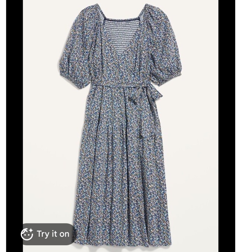 Old Navy Blue Floral Puff Sleeve Smocked Wrap Midi Dress‎ XXL Cotton Viscose